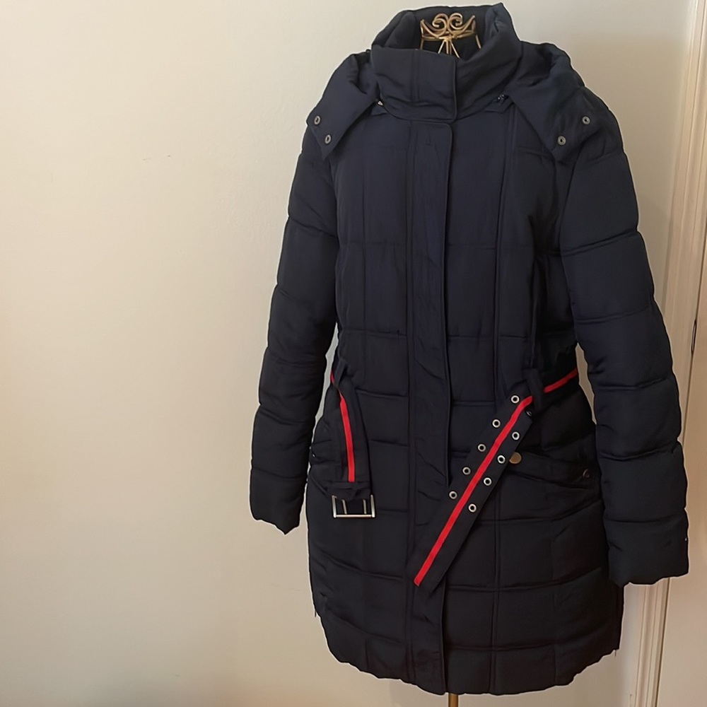 Tommy Hilfiger Women’s Long Puffer Jacket with Hood Navy Blue Size L